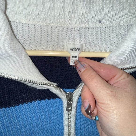 Aerie Women's Zip-Up Sweater in Cream, Blue, and Black - Picture 3 of 3